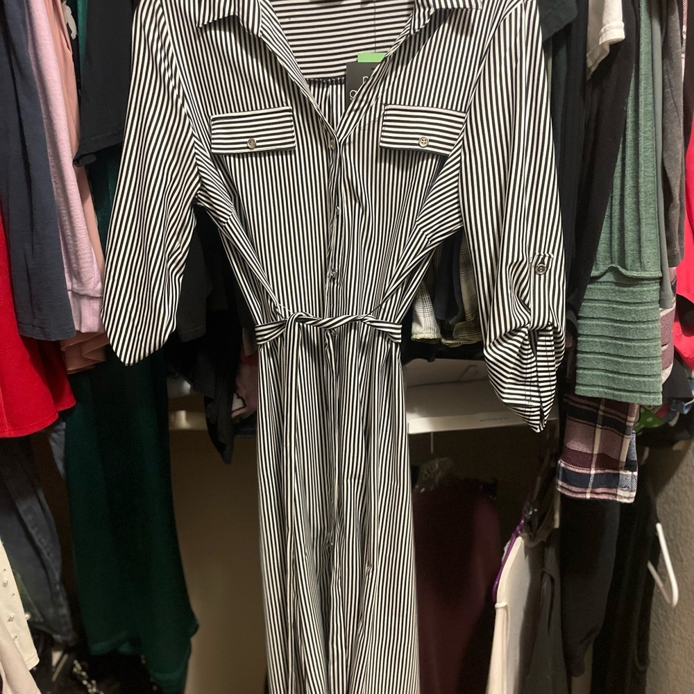 New! Mlle Gabrielle Black and White Striped Midi Dress LG/ PL